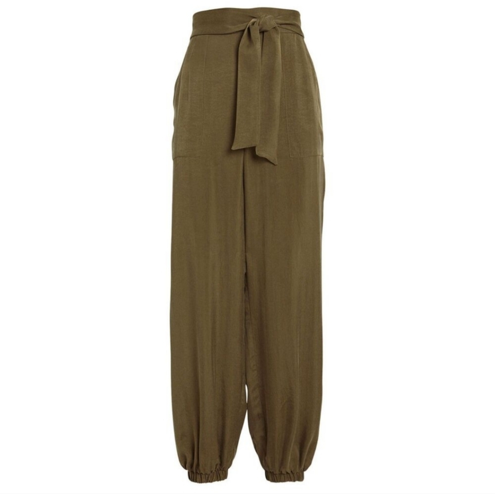 Intermix Lindy Tie-Waist Pants Olive Green Satin Jogger Size 8 - Picture 5 of 9